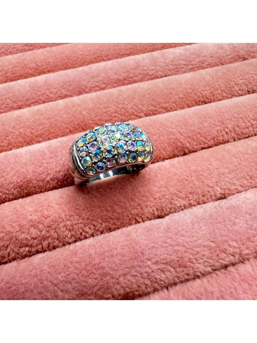 Aurora Borealis Dome Ring With Iridescent Crystals Size 7 Silver-Tone Band